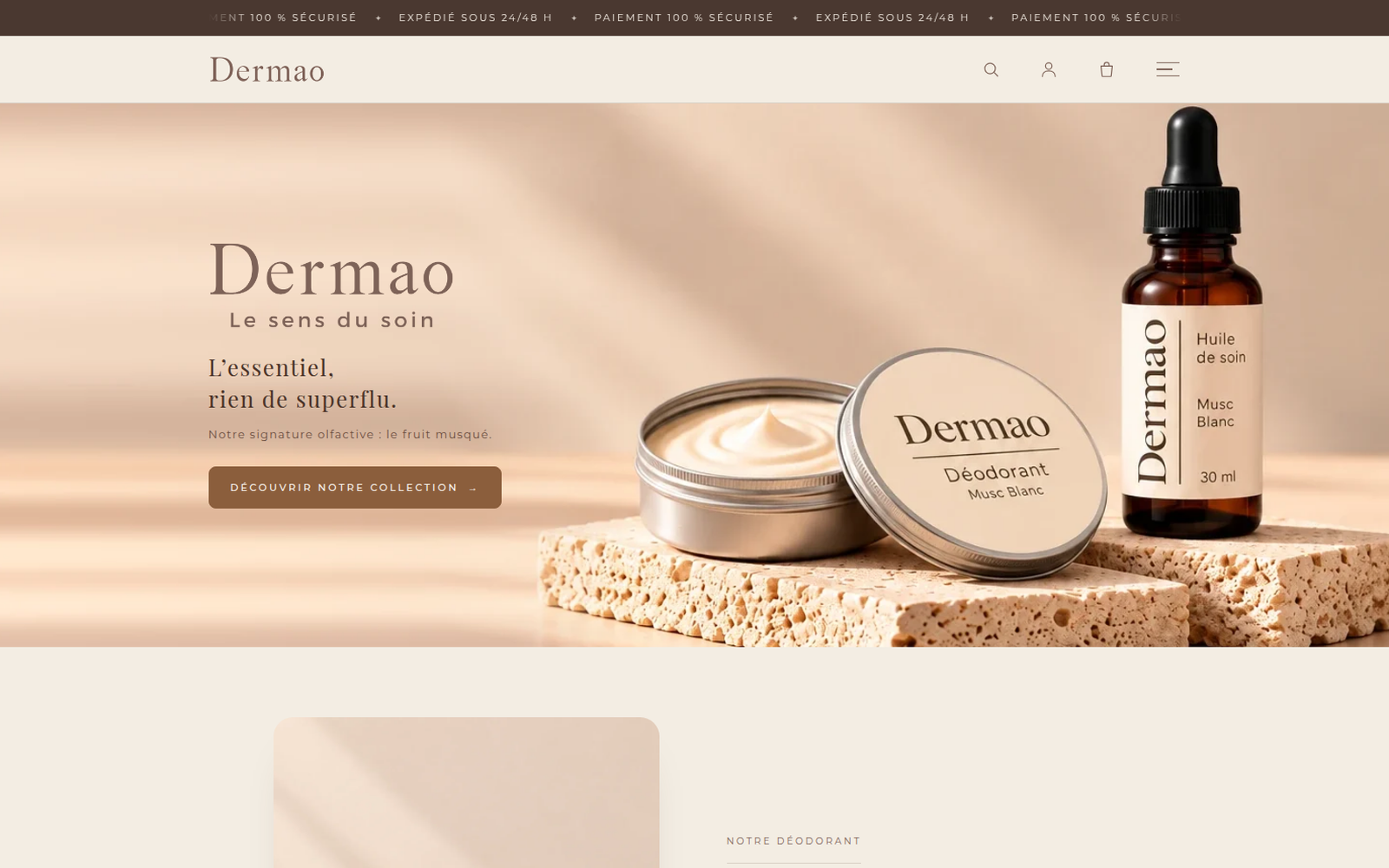Capture d'écran de la boutique en ligne Dermao, soins et cosmétiques, réalisée par InnovaTech Développement