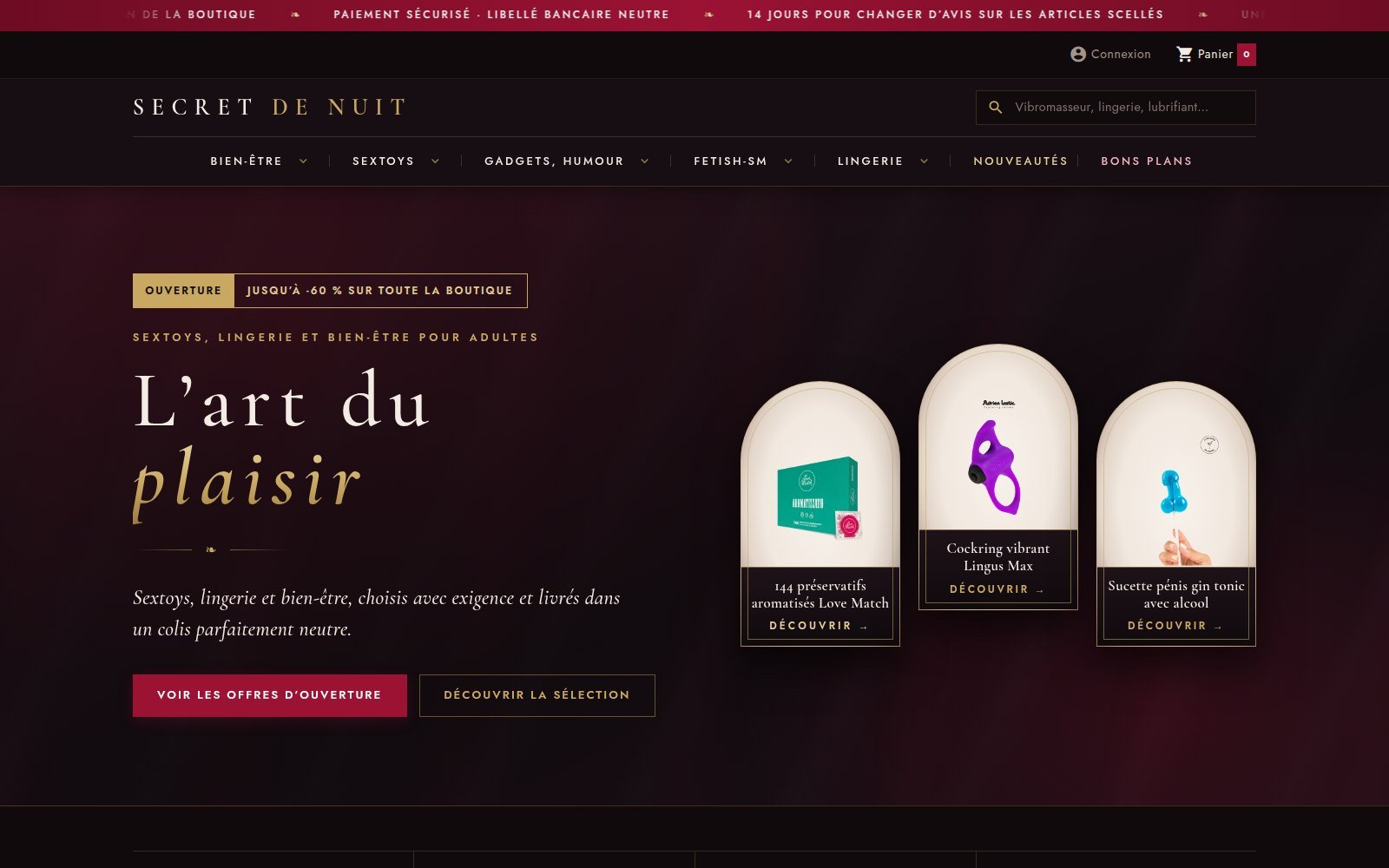 Capture d'écran de la boutique en ligne Secret de Nuit, thème sombre carmin et or, réalisée par InnovaTech Développement